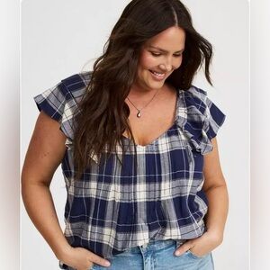 *TORRID* COTTON FLUTTER SLEEVE PLAID TOP* SZ XL*